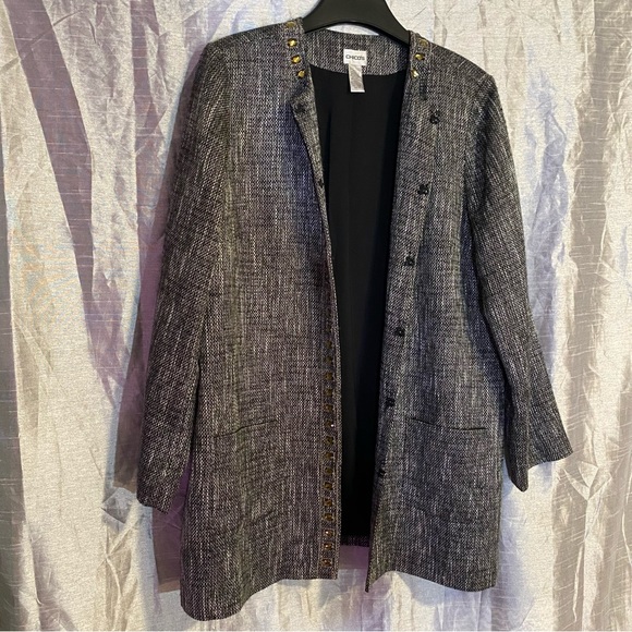 Chico’s tweed long jacket, SZ 3, XL hook closures,rhinestone embellishment, GUC - Picture 4 of 13